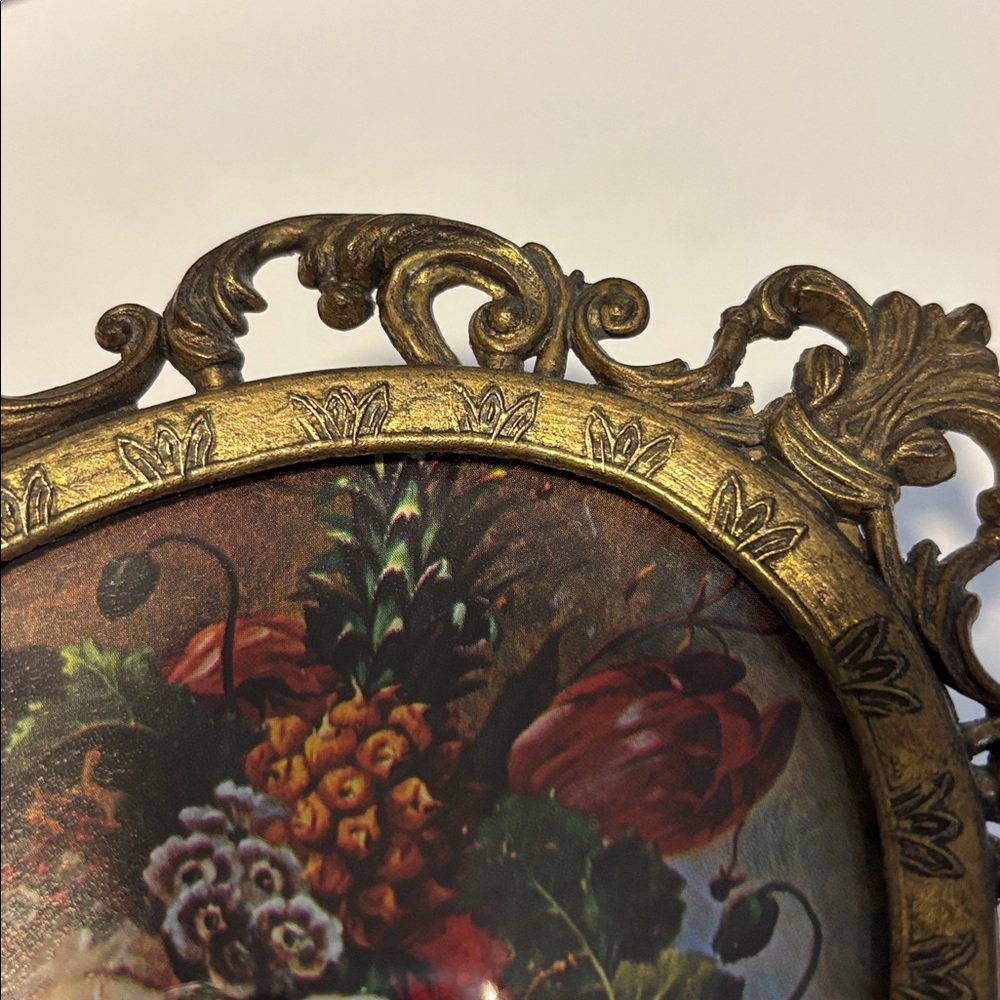 Ornate Vintage Brass Frame with Floral Print Behind Bubble Glass Made in Italy - Picture 2 of 7